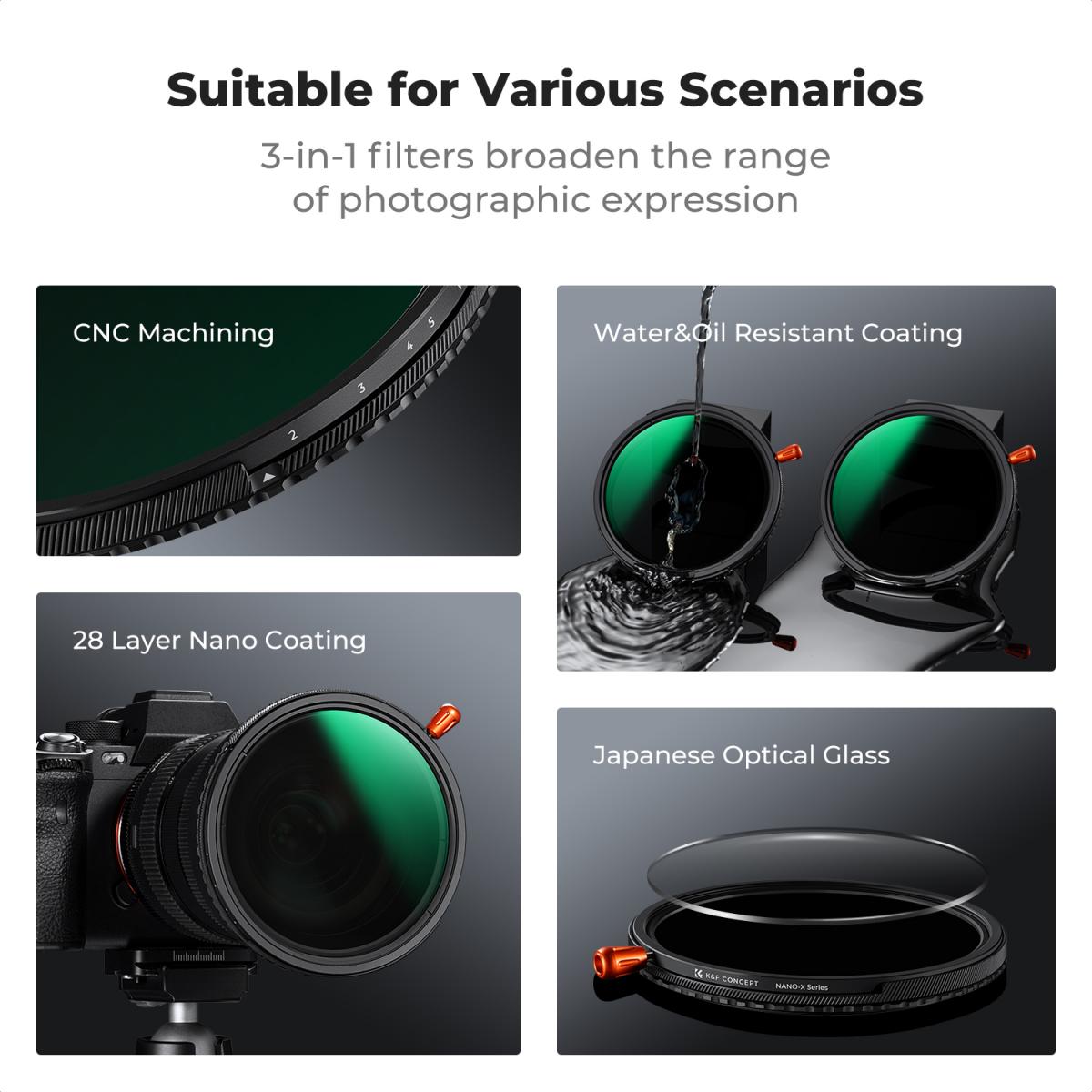 K&F Concept 77mm Nano-X 3-in-1 Variable ND2-ND32, CPL & Black Mist 1/4 Filter – view 6