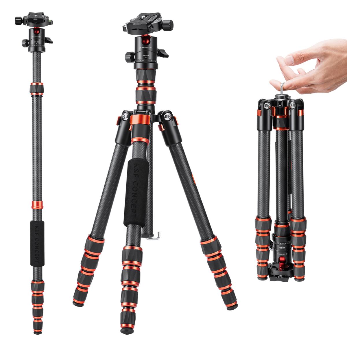 K&F Concept A225C0 60-Inch Carbon Fiber Travel Tripod with BH-25L Ball Head & Monopod