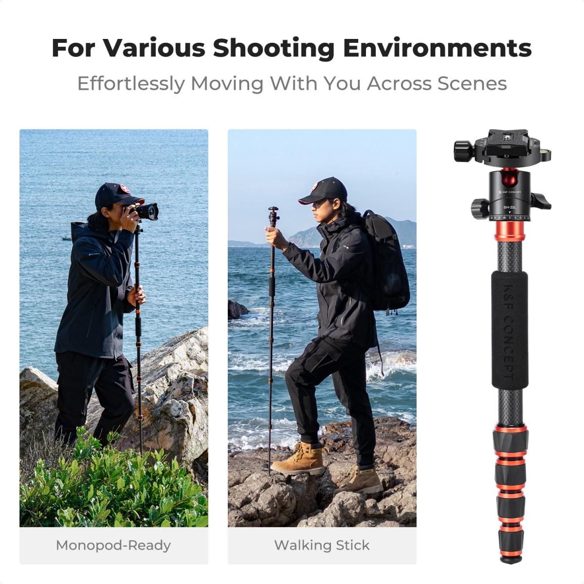 K&F Concept A225C0 60-Inch Carbon Fiber Travel Tripod with BH-25L Ball Head & Monopod – view 4