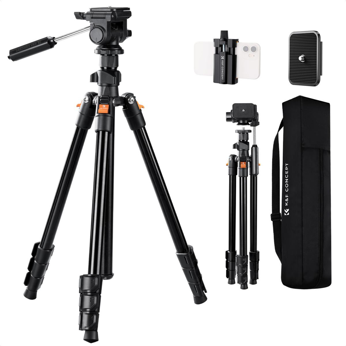 K&F Concept O234A5 77-Inch Aluminum Travel Tripod with BV01 3-Way Head & Phone Holder