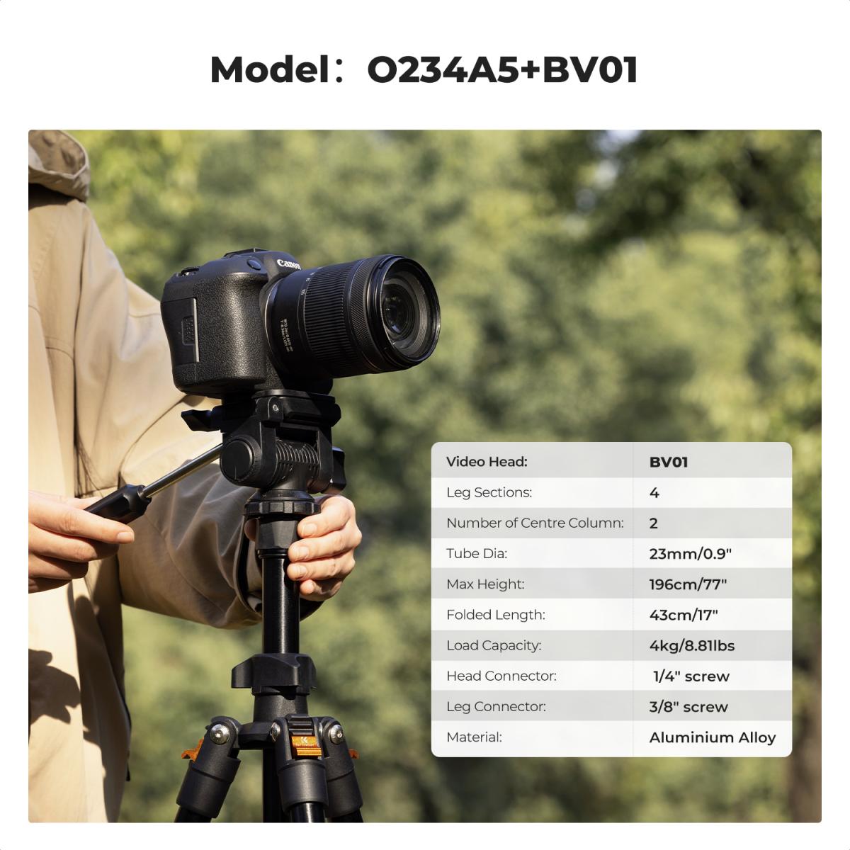 K&F Concept O234A5 77-Inch Aluminum Travel Tripod with BV01 3-Way Head & Phone Holder – view 2