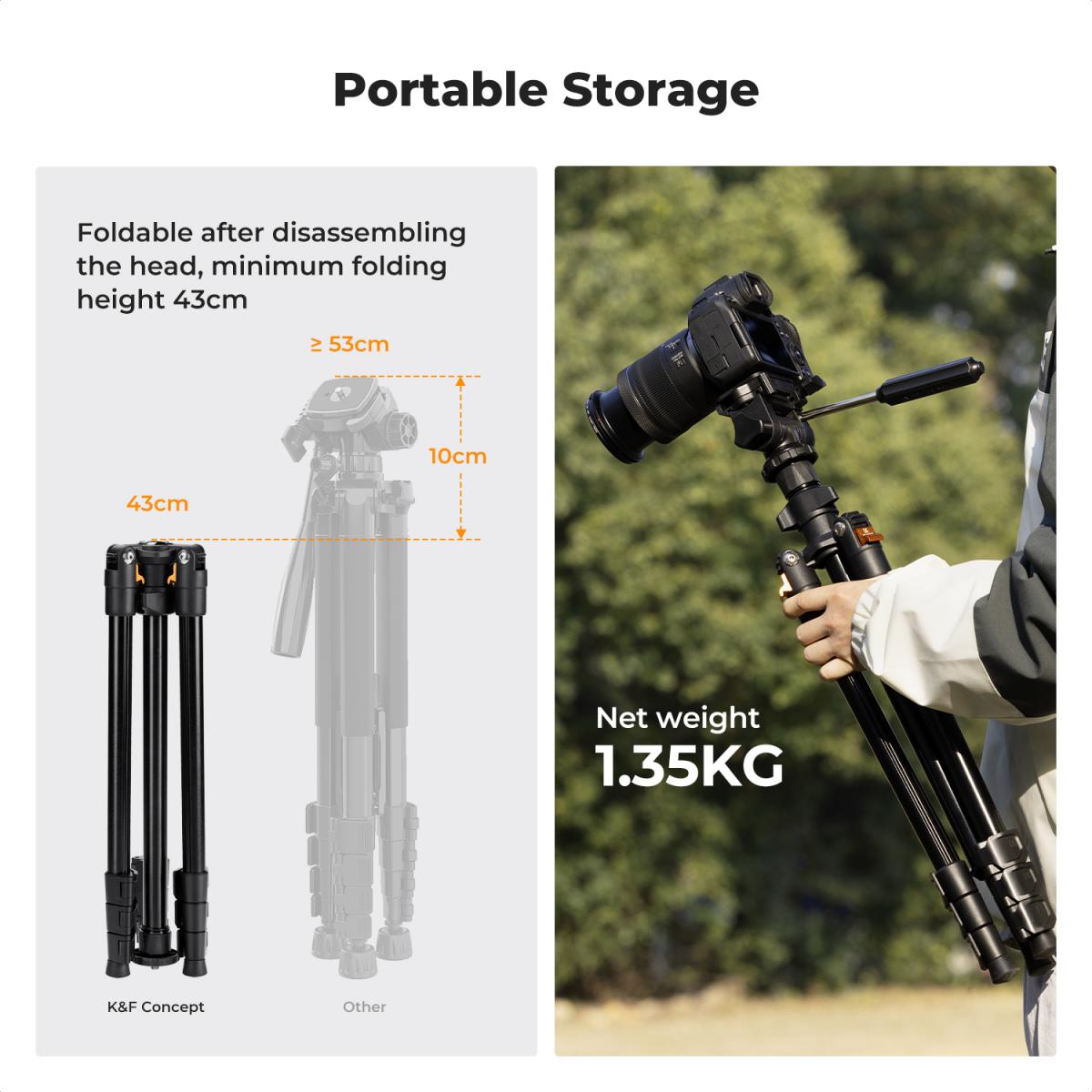 K&F Concept O234A5 77-Inch Aluminum Travel Tripod with BV01 3-Way Head & Phone Holder – view 3