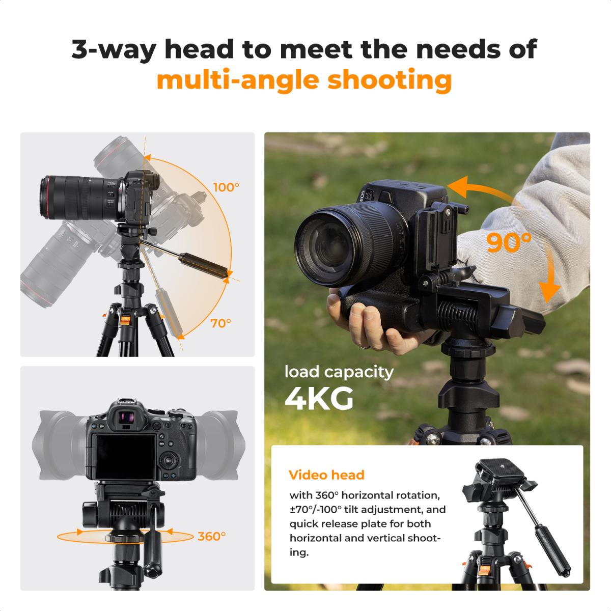 K&F Concept O234A5 77-Inch Aluminum Travel Tripod with BV01 3-Way Head & Phone Holder – view 4