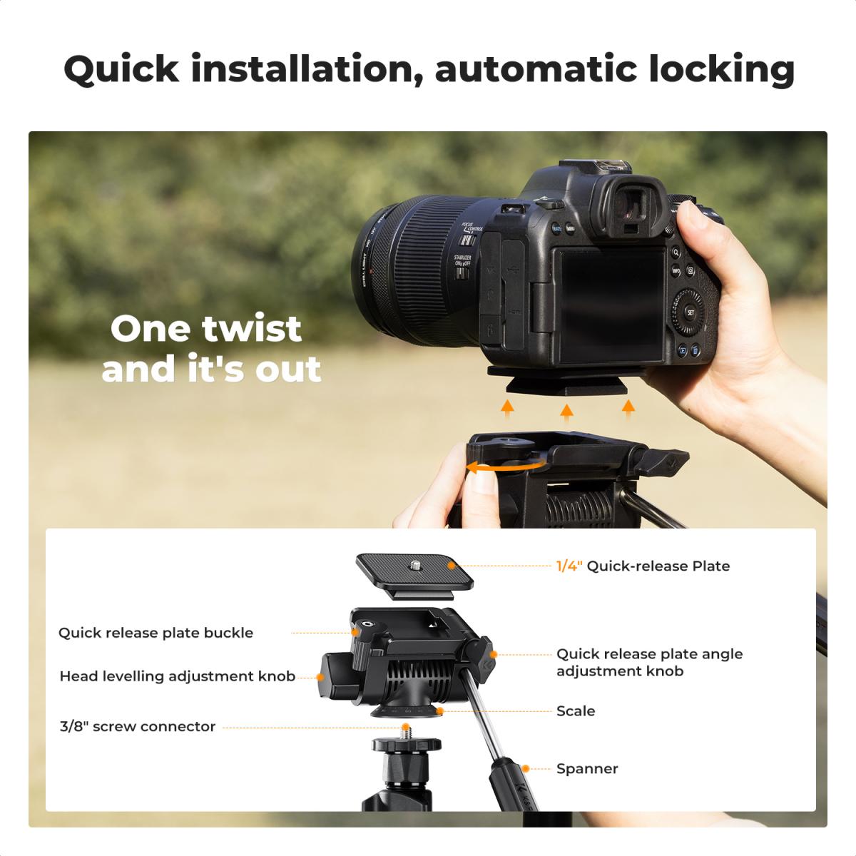 K&F Concept O234A5 77-Inch Aluminum Travel Tripod with BV01 3-Way Head & Phone Holder – view 5