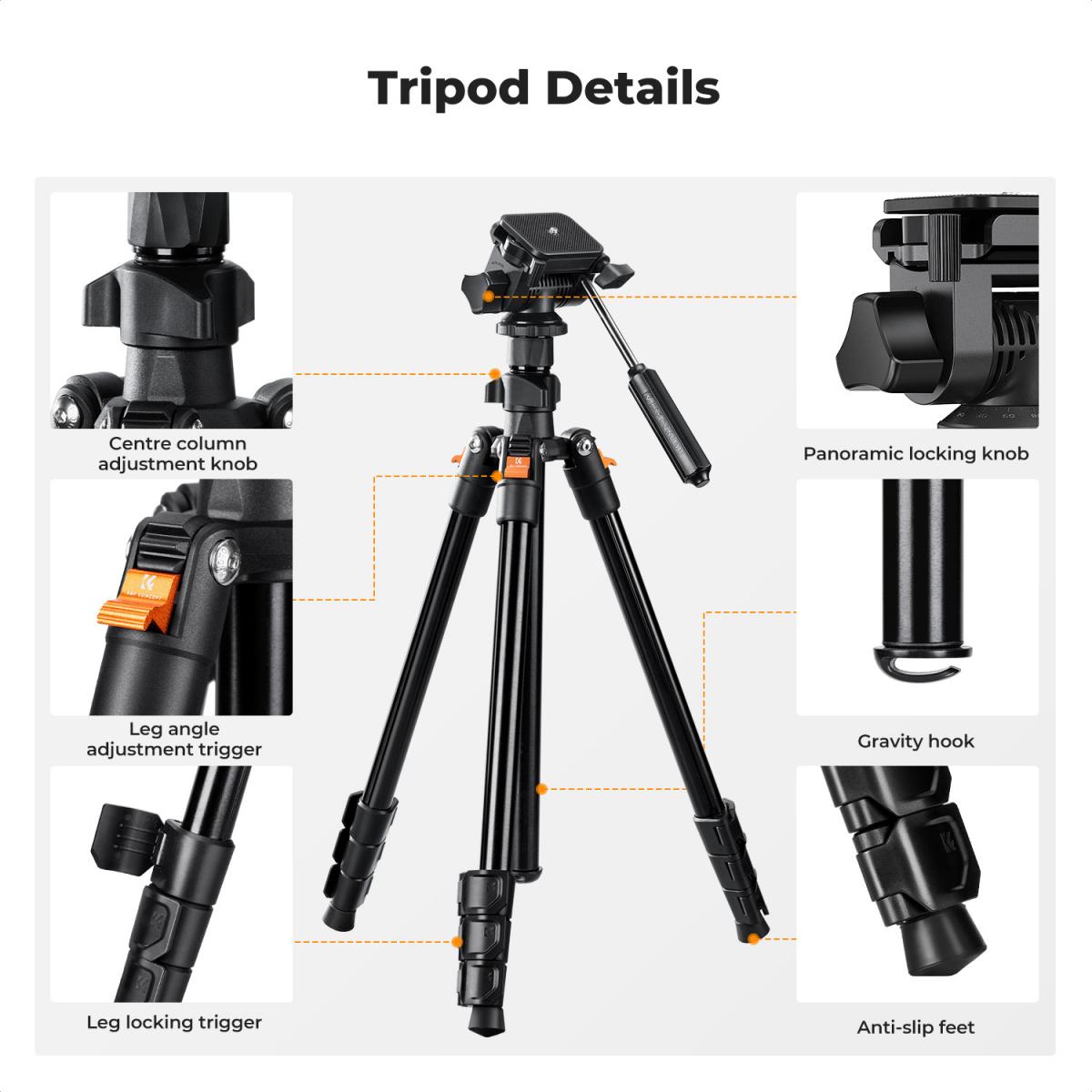 K&F Concept O234A5 77-Inch Aluminum Travel Tripod with BV01 3-Way Head & Phone Holder – view 7