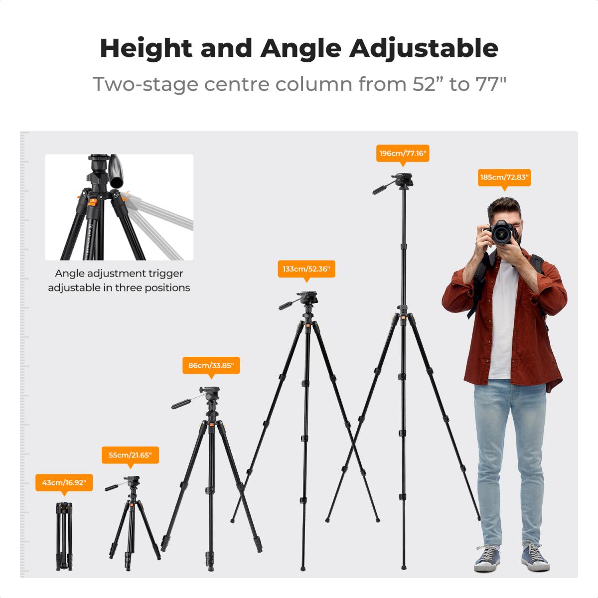 K&F Concept O234A5 77-Inch Aluminum Travel Tripod with BV01 3-Way Head & Phone Holder – view 8