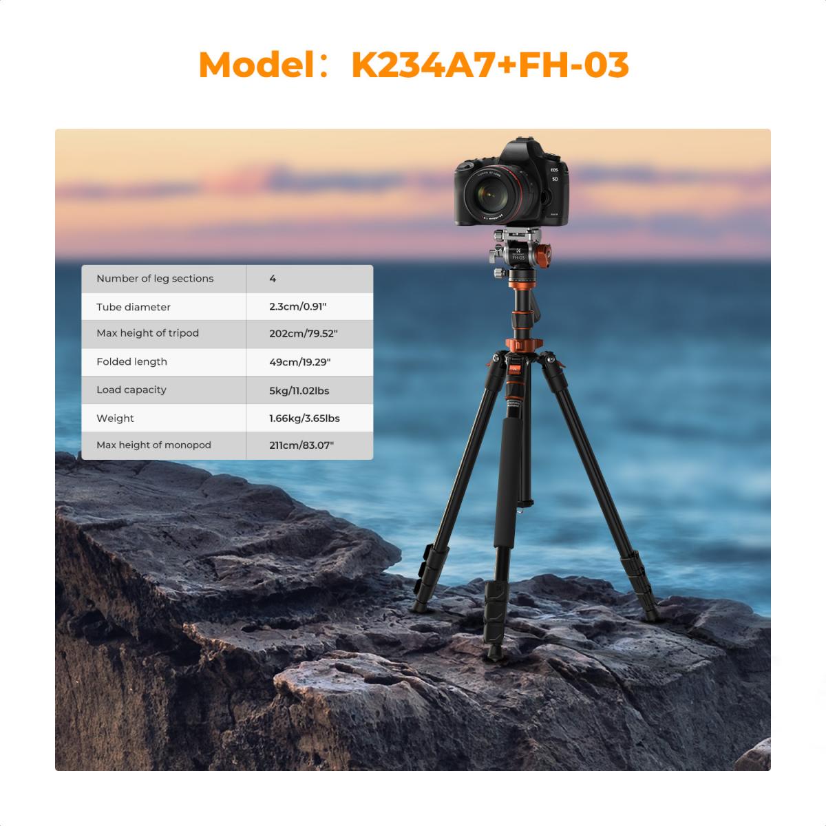 K&F Concept O234A7 83-Inch Aluminum Video Tripod with FH-03 Fluid Head – view 2