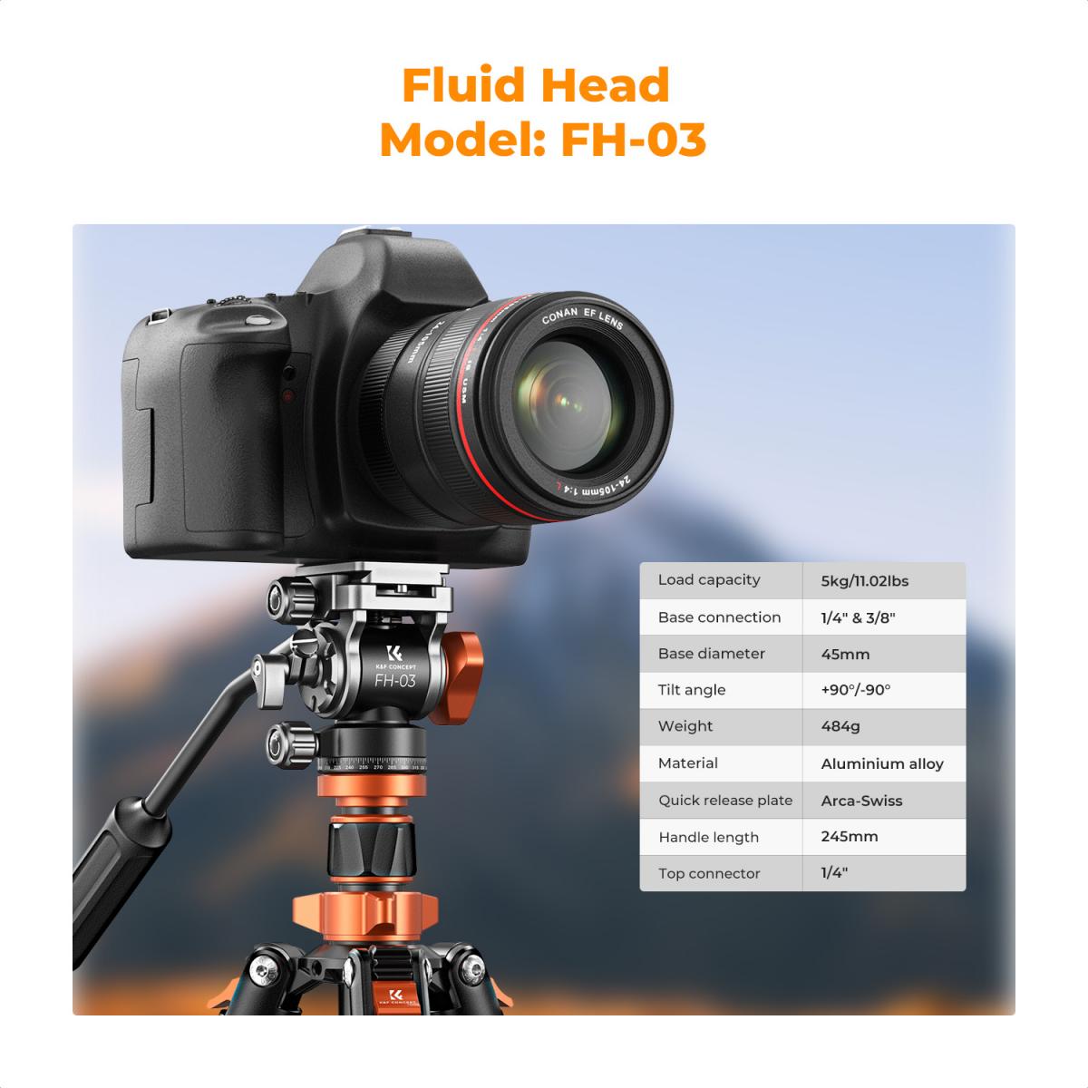 K&F Concept O234A7 83-Inch Aluminum Video Tripod with FH-03 Fluid Head – view 3