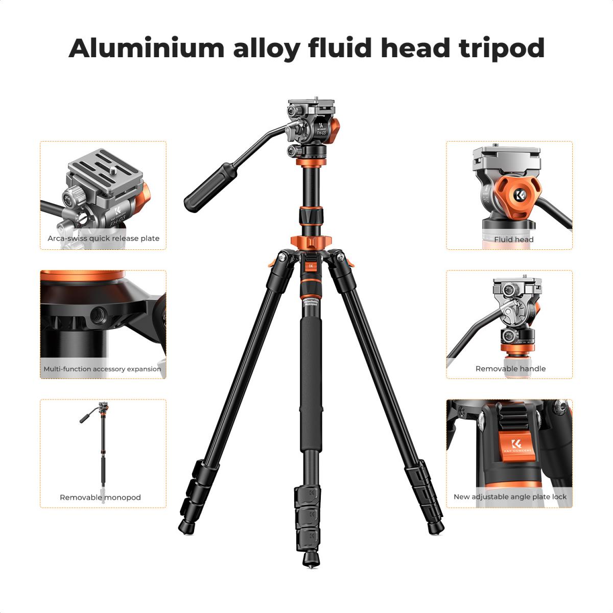 K&F Concept O234A7 83-Inch Aluminum Video Tripod with FH-03 Fluid Head – view 4
