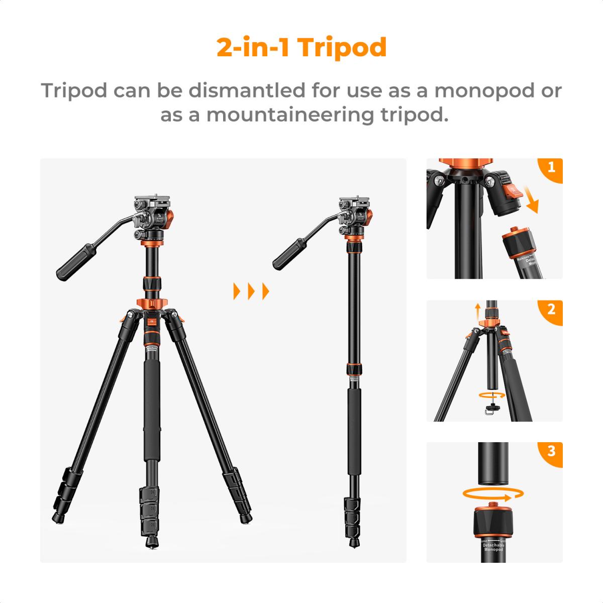 K&F Concept O234A7 83-Inch Aluminum Video Tripod with FH-03 Fluid Head – view 6