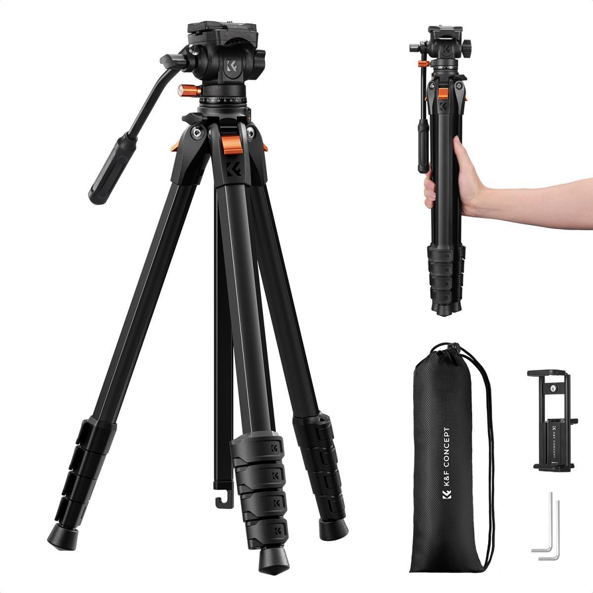 K&F Concept A305A3 73-Inch Aluminum Travel Video Tripod with Fluid Head