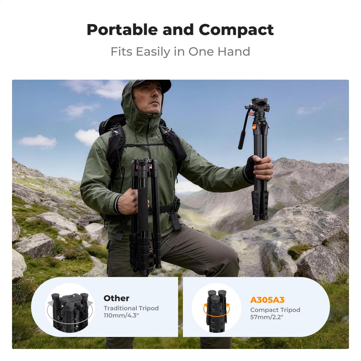 K&F Concept A305A3 73-Inch Aluminum Travel Video Tripod with Fluid Head – view 3
