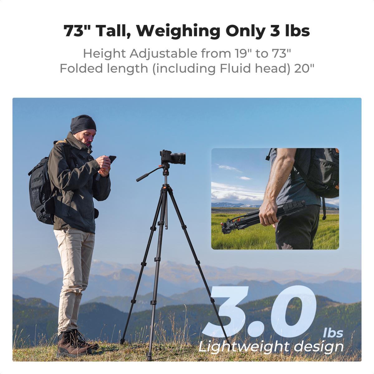K&F Concept A305A3 73-Inch Aluminum Travel Video Tripod with Fluid Head – view 4