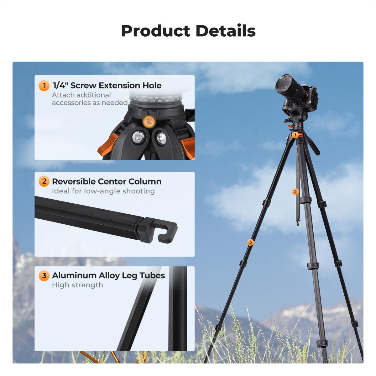 K&F Concept A305A3 73-Inch Aluminum Travel Video Tripod with Fluid Head – view 5