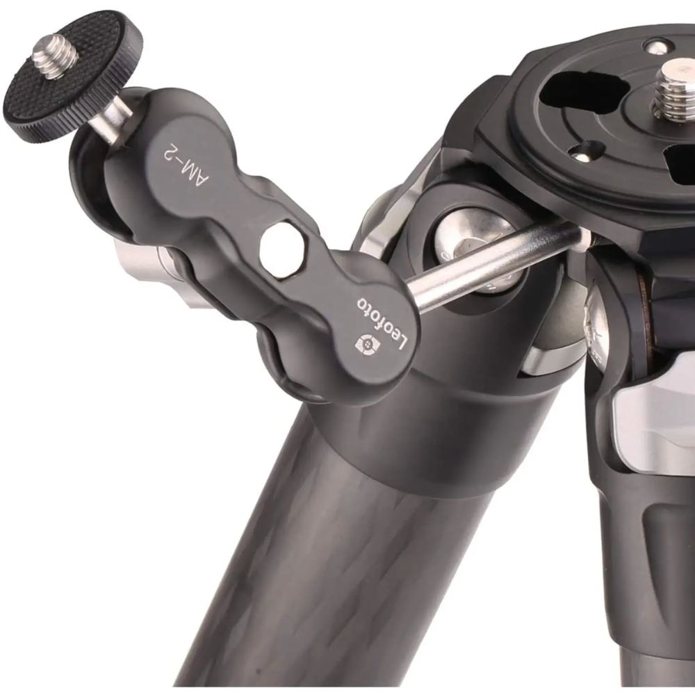 Leofoto AM-2 Multi-Purpose Tripod Accessory Mount showing dual 1/4"-20 compatibility for pro video and photography gear.