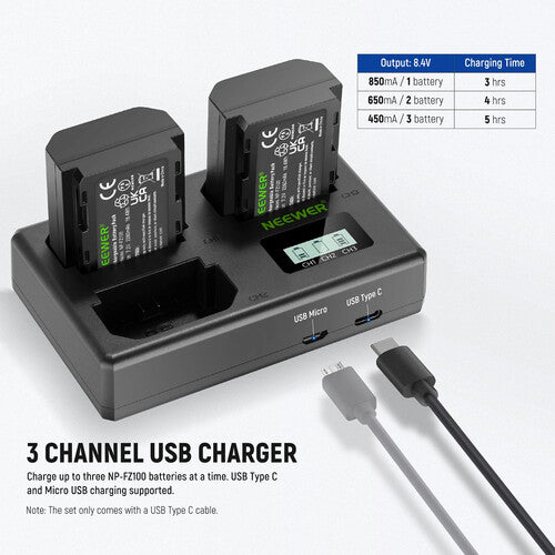 Neewer NP-FZ100 Rechargeable Batteries (3-Pack) and Charger Kit