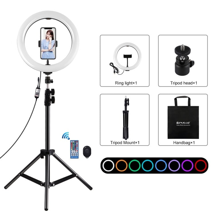 PULUZ 1.1M TRIPOD MOUNT + 10.2 INCH 26CM CURVED SURFACE RGBW LED RING VLOGGING VIDEO LIGHT PKT3051B