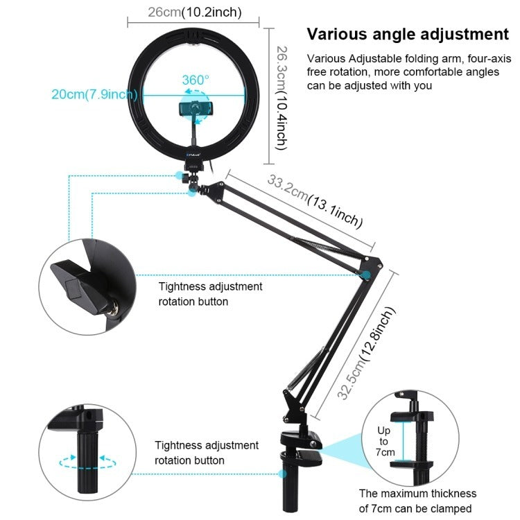 PULUZ 10.2 INCH 26CM RING CURVED LIGHT + DESKTOP ARM STAND PKT3090B