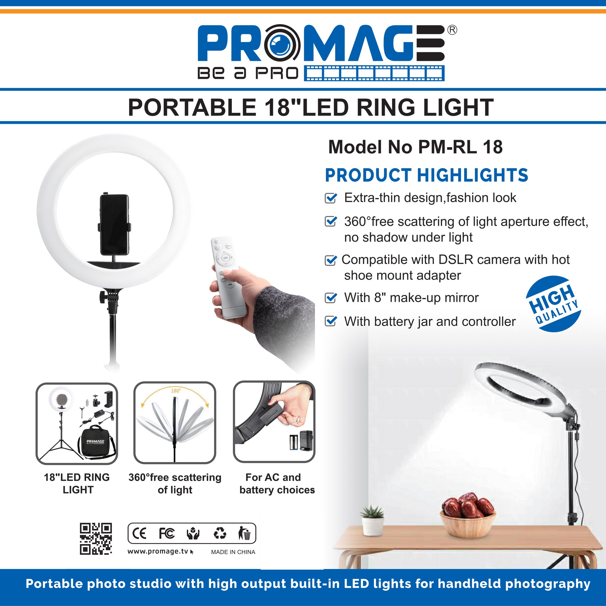 Promage 18 Inch Ring Light LED With Stepless Dimming, 180 Degree Rotating &amp; USB Interface