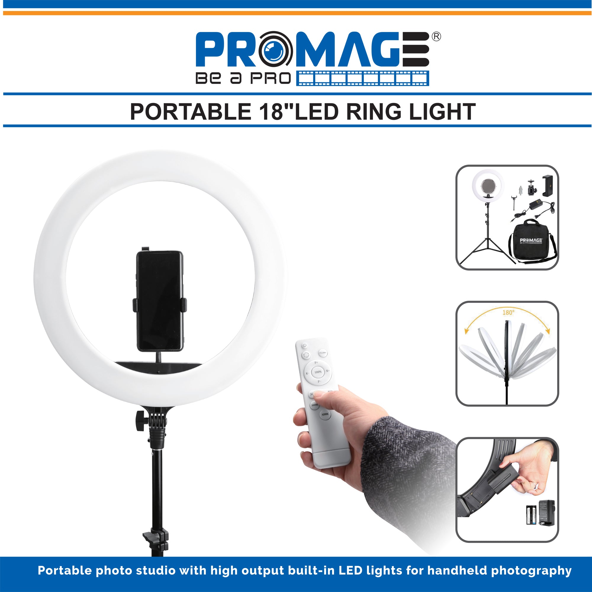Promage 18 Inch Ring Light LED With Stepless Dimming, 180 Degree Rotating &amp; USB Interface