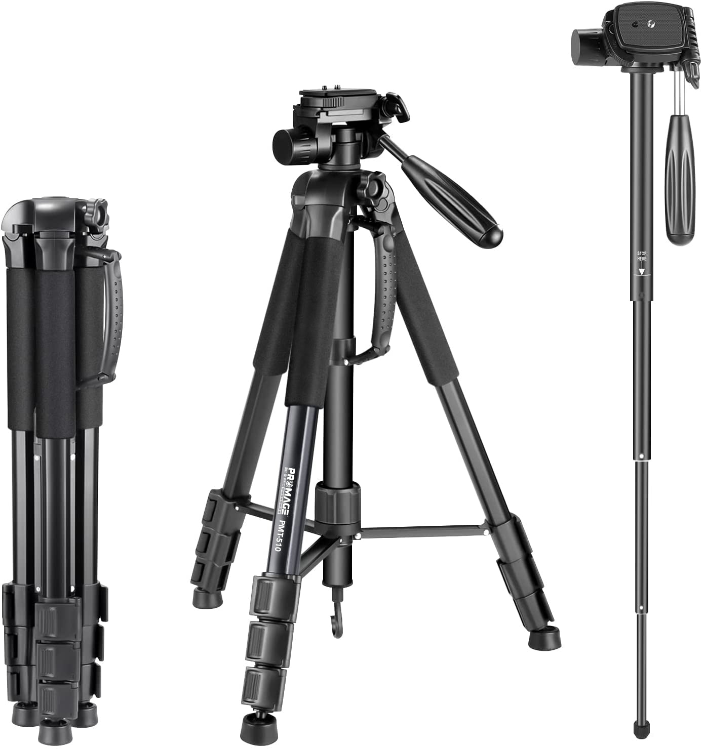 Promage PMT-510 Portable 70 inch/177 centimeters Aluminium Alloy Camera Tripod + Monopod with 3-Way Swivel Pan Head and Bag