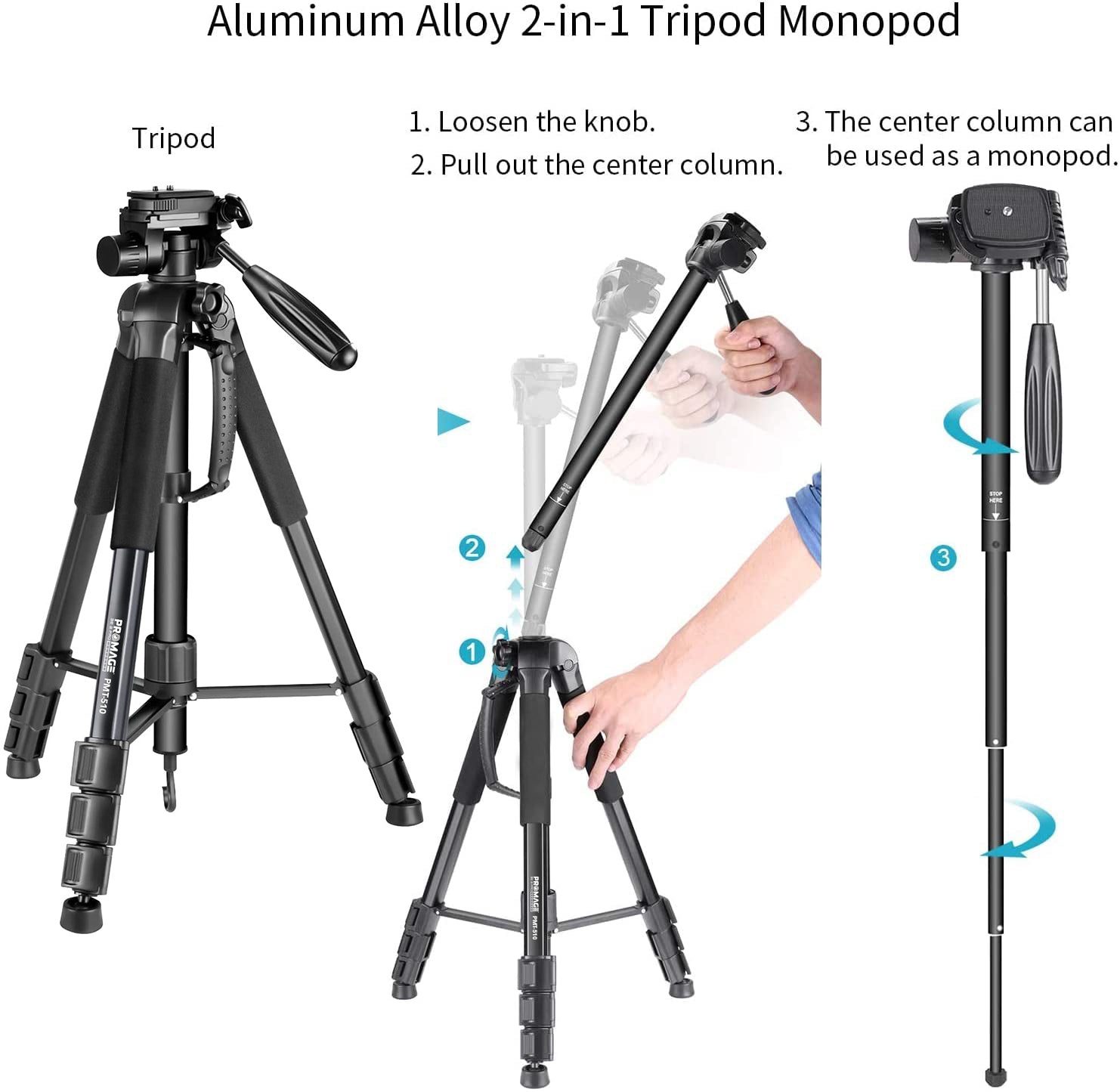 Promage PMT-510 Portable 70 inch/177 centimeters Aluminium Alloy Camera Tripod + Monopod with 3-Way Swivel Pan Head and Bag