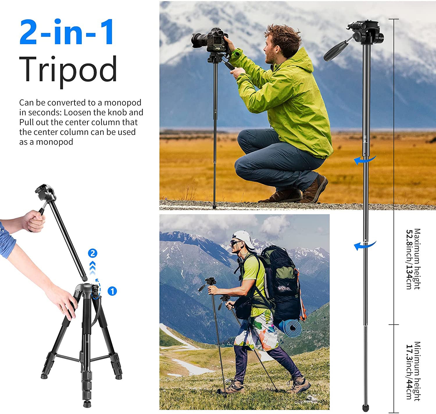 Promage PMT-510 Portable 70 inch/177 centimeters Aluminium Alloy Camera Tripod + Monopod with 3-Way Swivel Pan Head and Bag