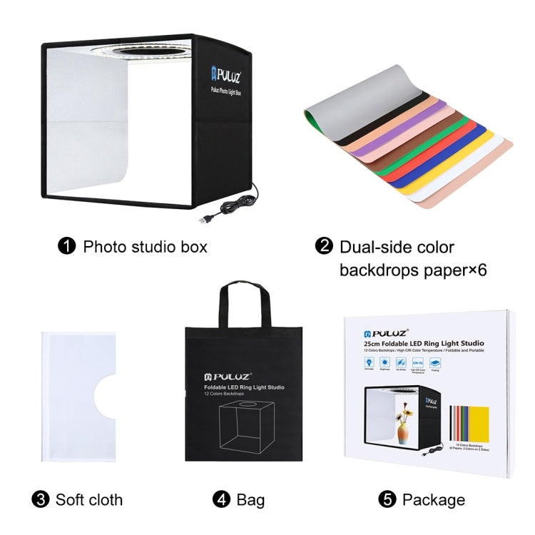 PULUZ 25 CM FOLDING HIGH 97 CRI RING LIGHT PHOTO LIGHTING STUDIO SHOOTING TENT BOX KIT WITH 6 COLORS BACKDROPS BLACK PU5025B