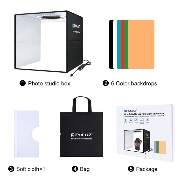 PULUZ 30CM FOLDING HIGH 97 CRI RING LIGHT PHOTO LIGHTING STUDIO SHOOTING TENT BOX KIT WITH 6 COLORS BACKDROPS BLACK PU5032B