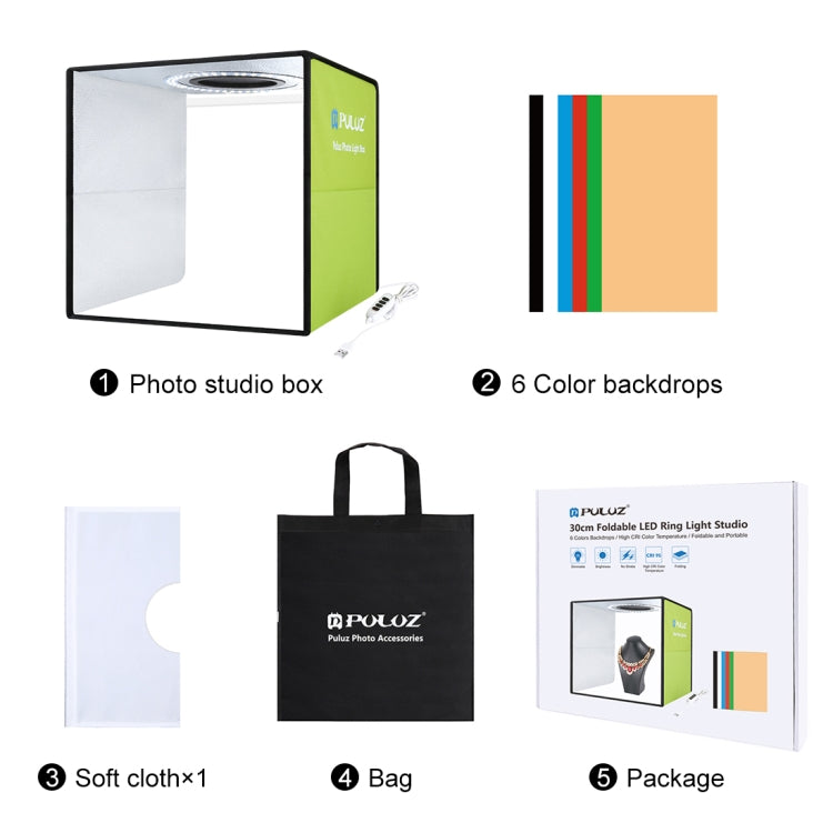 PULUZ 30CM FOLDING HIGH 97 CRI RING LIGHT PHOTO LIGHTING STUDIO SHOOTING TENT BOX KIT WITH 6 COLORS BACKDROPS PU5032G