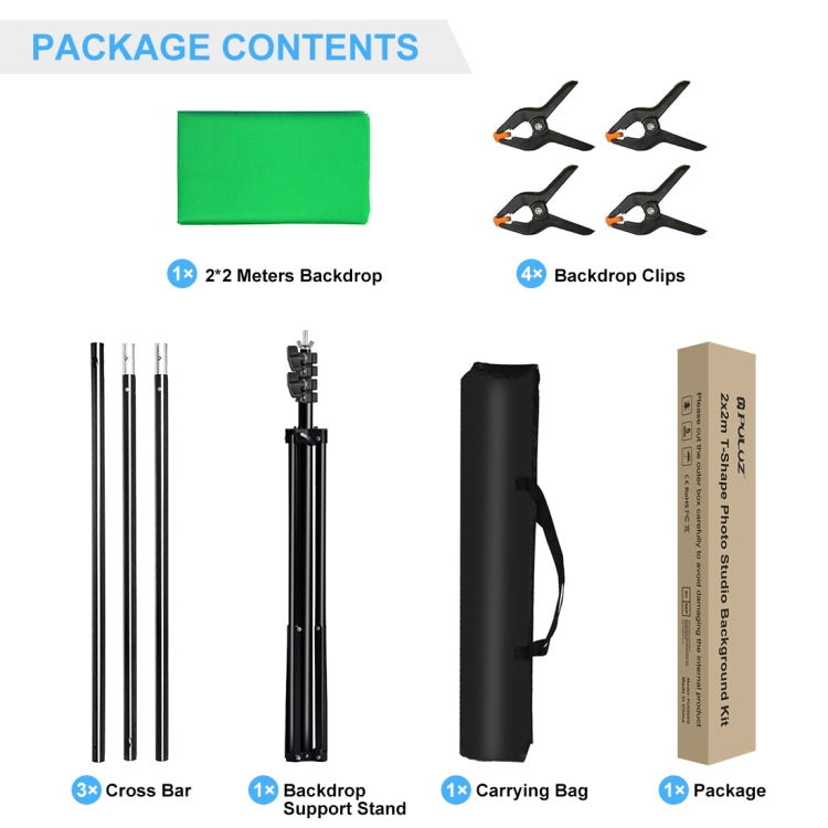 PULUZ 2X2M T-SHAPE PHOTO STUDIO BACKGROUND SUPPORT STAND BACKDROP CROSSBAR BRACKET KIT WITH CLIPS (GREEN) PU5205G