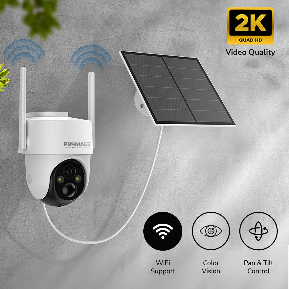 Promage Connect Snap 26T Wi-Fi Solar Powered PTZ Camera – 3MP 2K Resolution, Outdoor IP65, Color Night Vision, Motion Detection