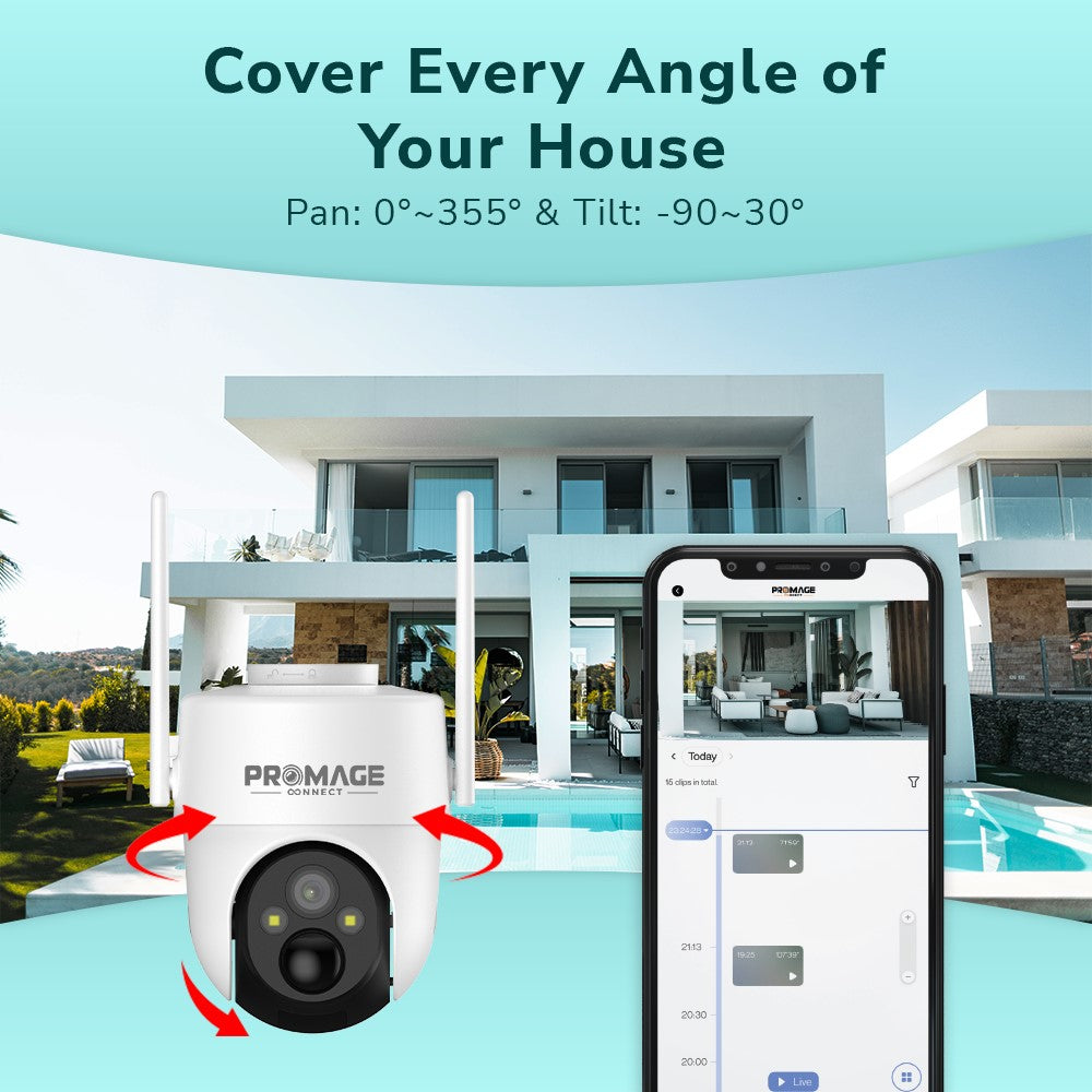 Promage Connect Snap 26T Wi-Fi Solar Powered PTZ Camera – 3MP 2K Resolution, Outdoor IP65, Color Night Vision, Motion Detection