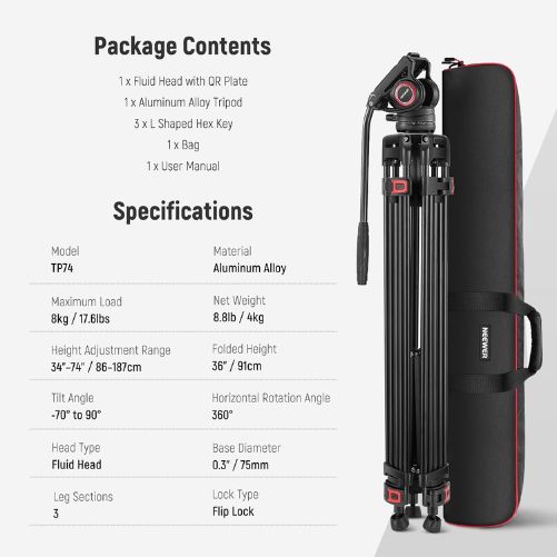 NEEWER TP75 74" Pro Video Tripod with Fluid Head