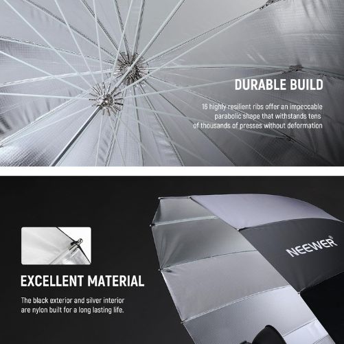 NEEWER 65"/165cm Parabolic Silver Reflective Umbrella With Diffuser
