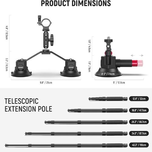 Neewer 3-in-1 Suction Cup Car Mount Kit with Extension