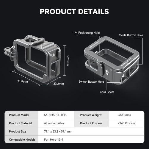 TELESIN Upgraded Aluminum Metal Cage for GoPro HERO 13/12/11/10/9