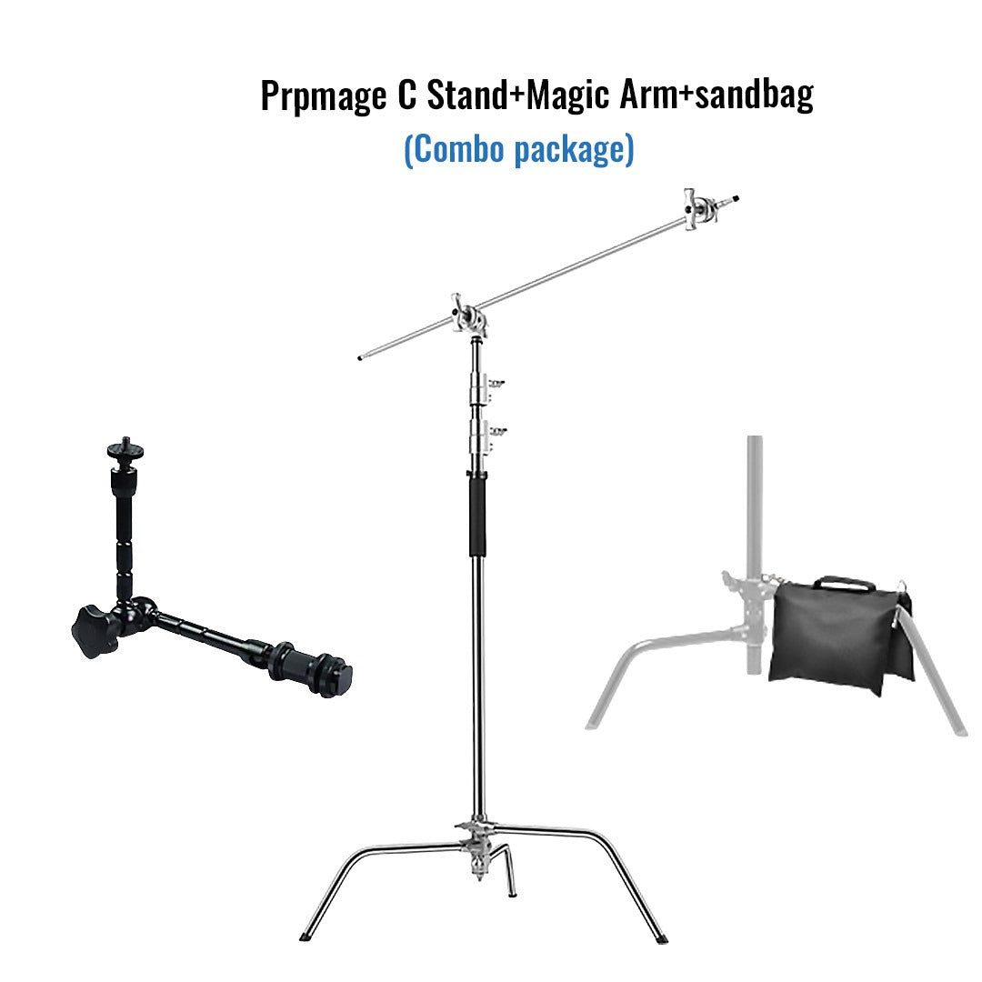 Promage Professional Photography C-Stand With Boom Arm Folding Legs Silver + Promage Magic &amp; Super Clamp Kit+ Promage Sand Bag