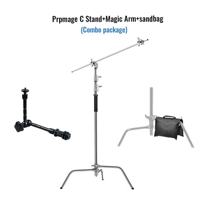 Promage Professional Photography C-Stand With Boom Arm Folding Legs Silver + Promage Magic &amp; Super Clamp Kit+ Promage Sand Bag