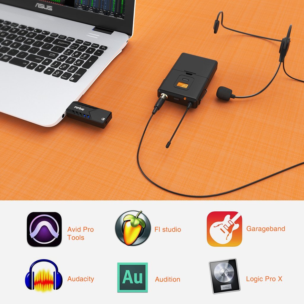 Fifine K031B Wireless USB Computer Lapel Microphone With Headsest For Fitness Class, Conferencing