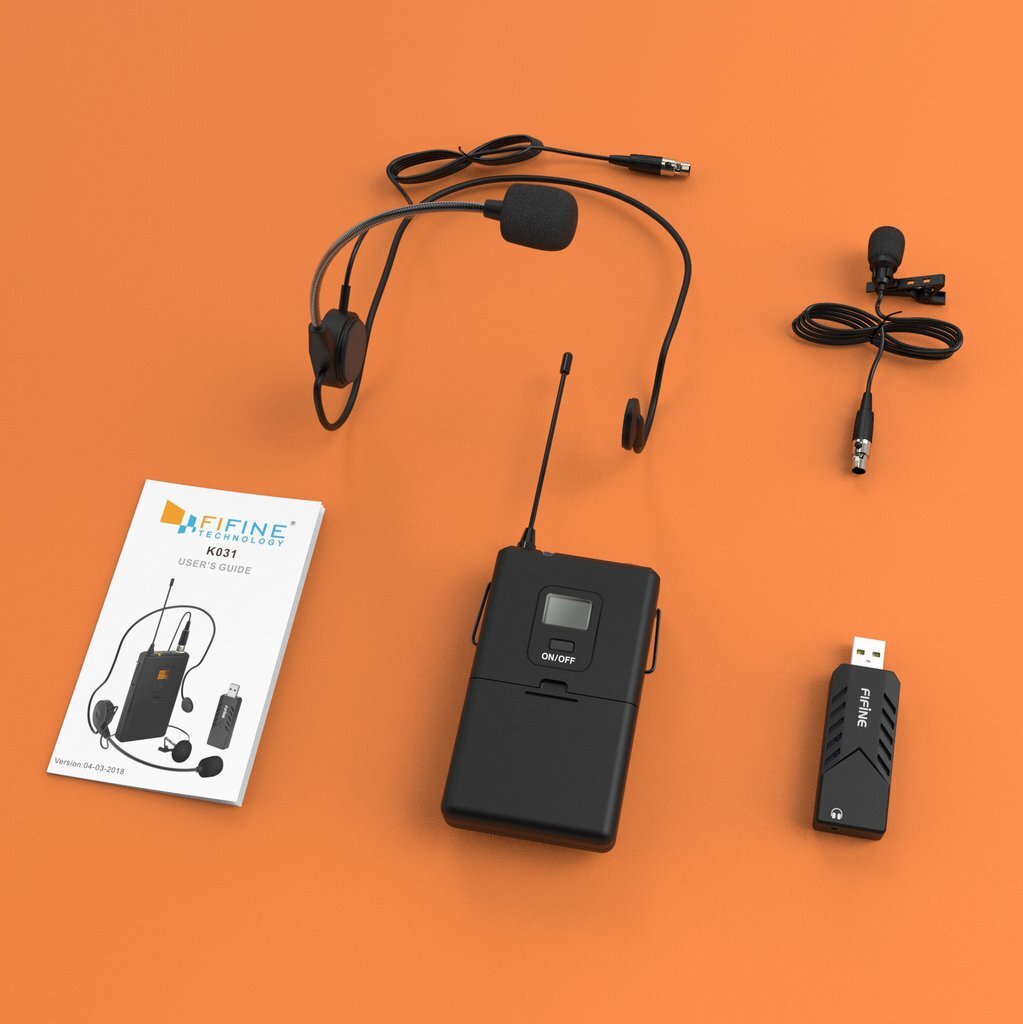 Fifine K031B Wireless USB Computer Lapel Microphone With Headsest For Fitness Class, Conferencing