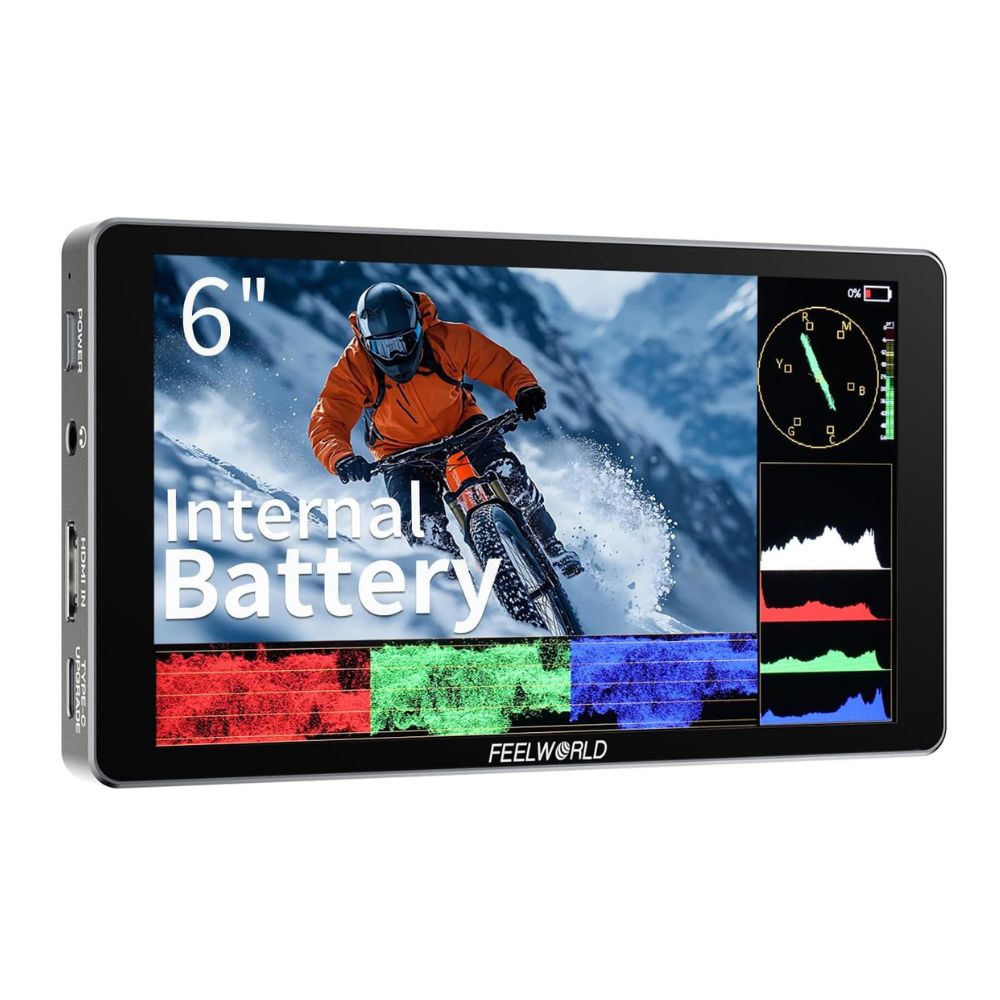 Feelworld P6XL 6-inch Field Monitor with Built-in Battery, professional video equipment for filmmakers.