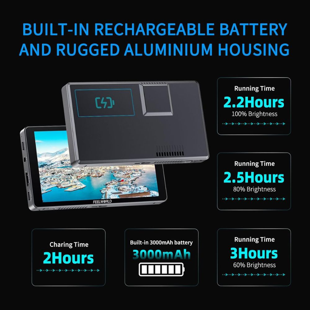Feelworld P6XL 6-inch Field Monitor with Built-in Battery displaying battery features, great for professional video equipment.