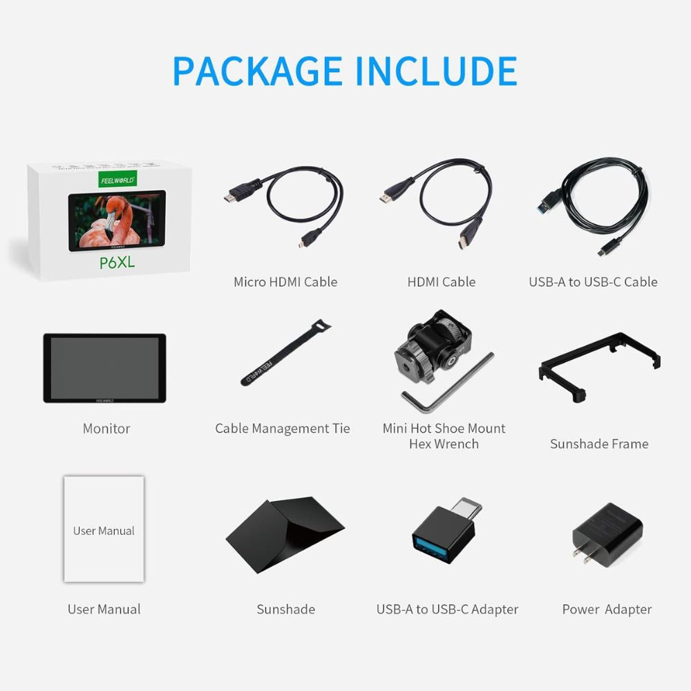 Feelworld P6XL 6-inch Field Monitor with Built-in Battery package includes HDMI cables, user manual, sunshade, and accessories for professional video equipment.