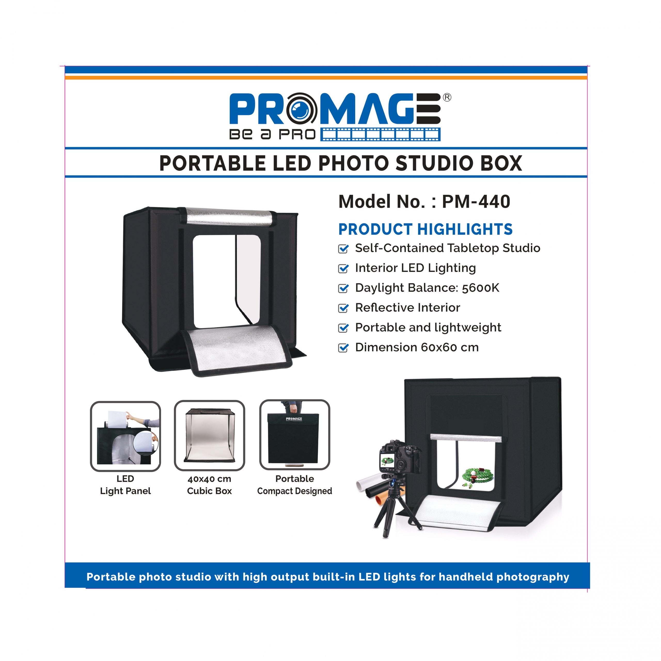 Promage Professional Photo Box LED PB05 40*40cm PM440 Light Photo Lighting Studio Shooting Tent Box Kit with 4 Colors Backdrops (Black, Grey, White, Peach) Color Sheet With Dimmer