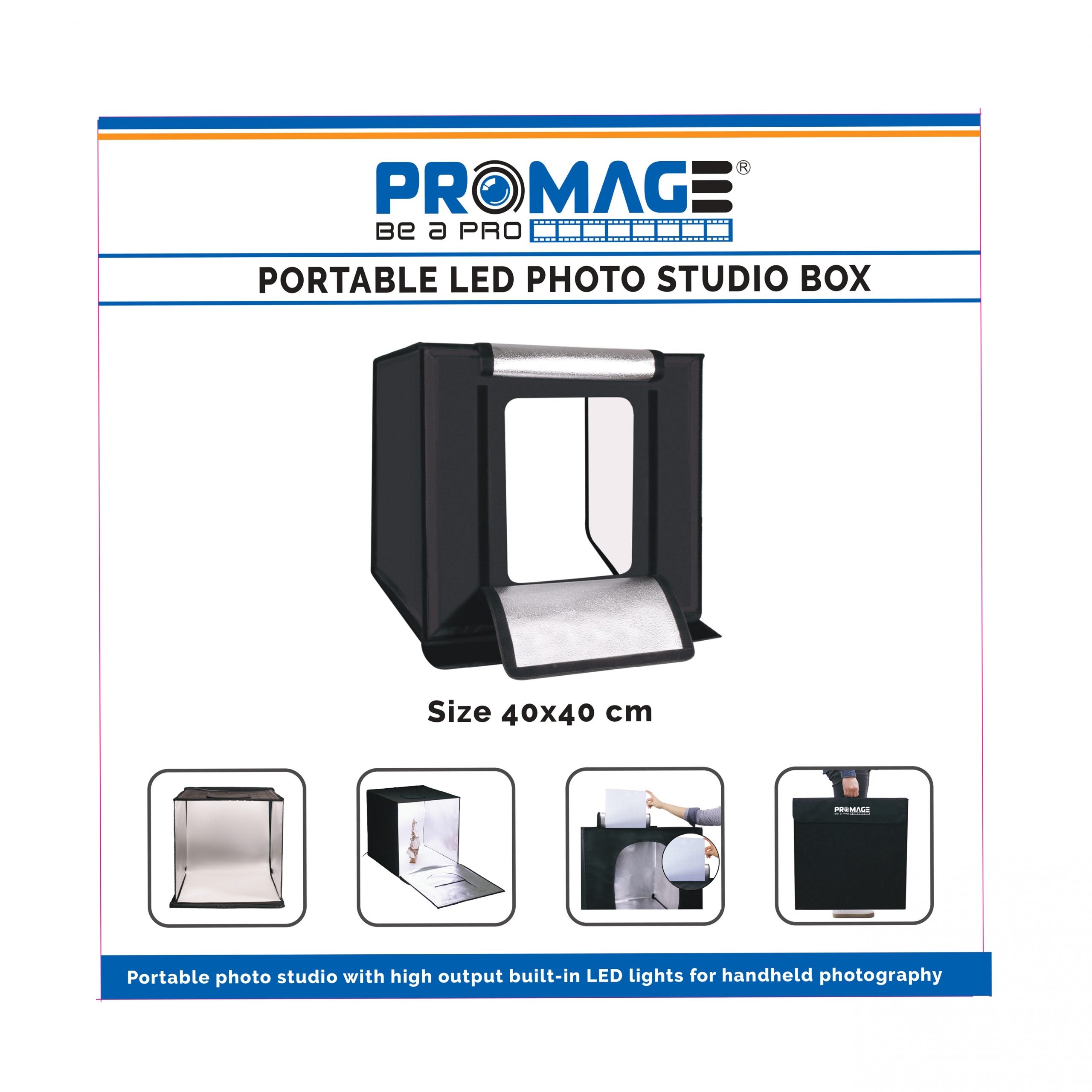 Promage Professional Photo Box LED PB05 40*40cm PM440 Light Photo Lighting Studio Shooting Tent Box Kit with 4 Colors Backdrops (Black, Grey, White, Peach) Color Sheet With Dimmer