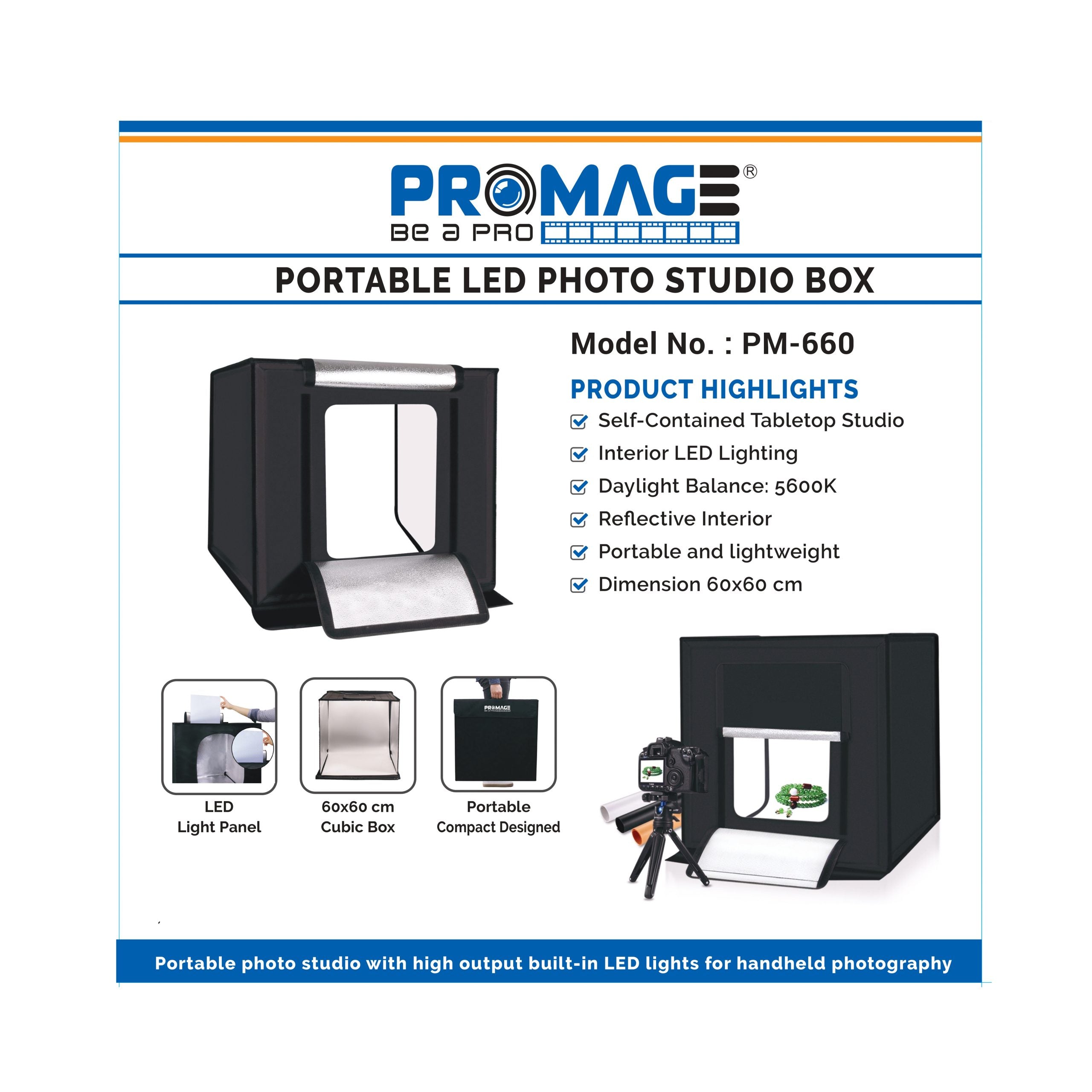 Promage Professional Photo Box LED PB05 60*60cm PM660 Light Photo Lighting Studio Shooting Tent Box Kit with 4 Colors Backdrops (Black, Grey, White, Peach) Color Sheet With Dimmer