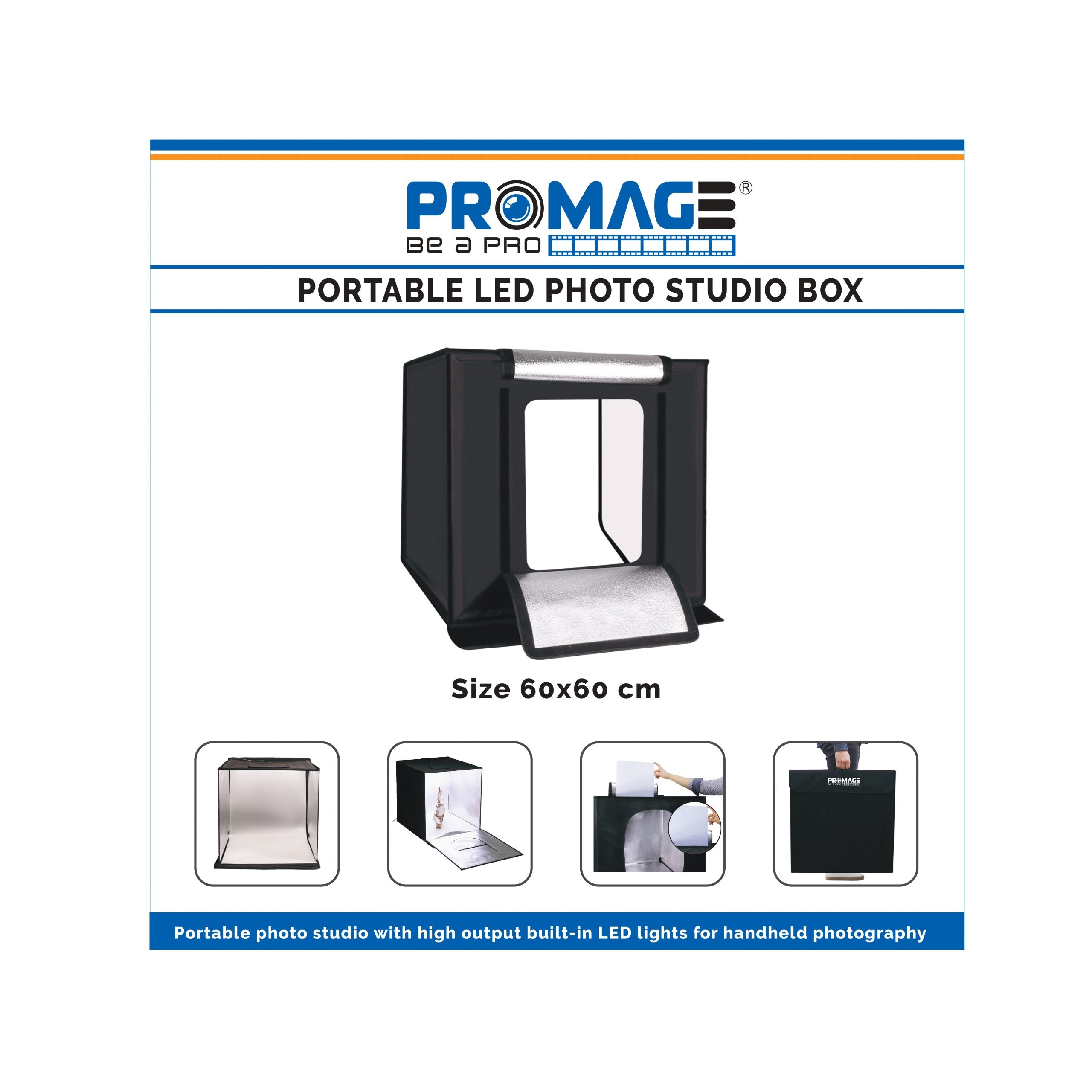 Promage Professional Photo Box LED PB05 60*60cm PM660 Light Photo Lighting Studio Shooting Tent Box Kit with 4 Colors Backdrops (Black, Grey, White, Peach) Color Sheet With Dimmer