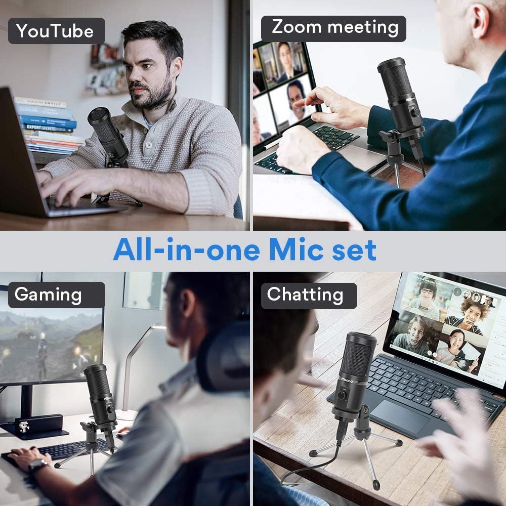 Maono AU-PM461TR RGB USB Gaming Microphone in use for YouTube, Zoom, gaming, and chatting, showcasing professional video equipment.