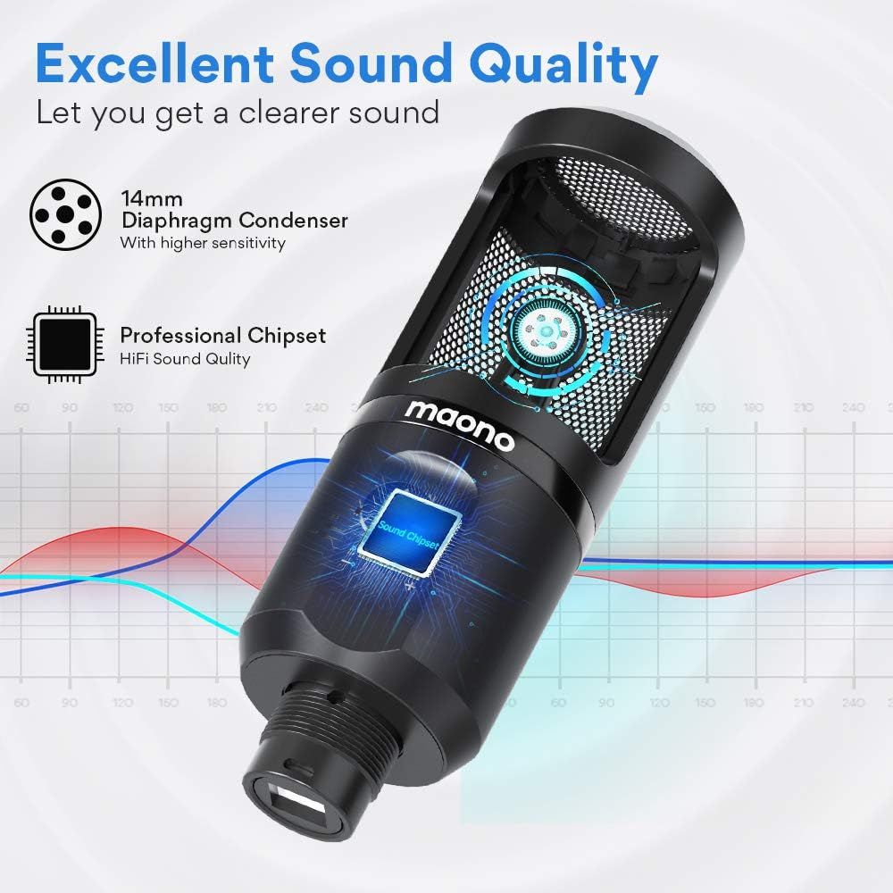 Maono AU-PM461TR RGB USB Gaming Microphone showcasing high sensitivity and professional chipset for excellent sound quality.